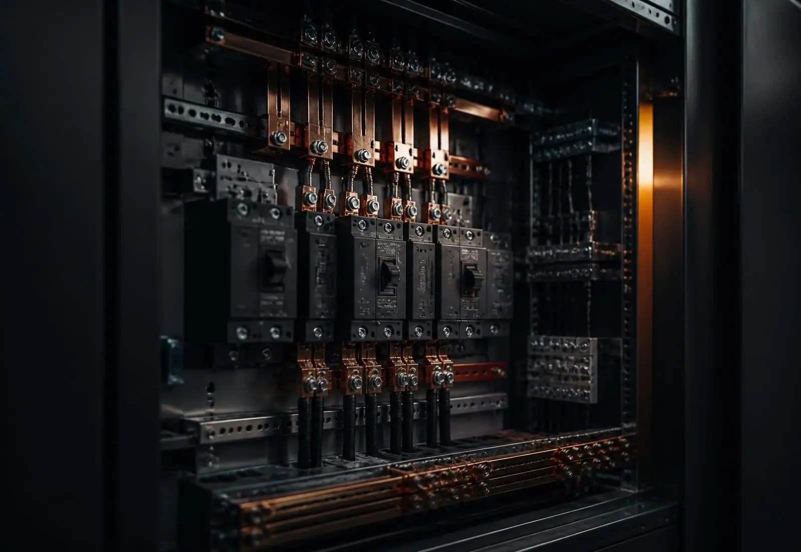 Innenansicht einer elektrotechnischen Schaltanlage mit Leistungsschaltern und Kupferschienen